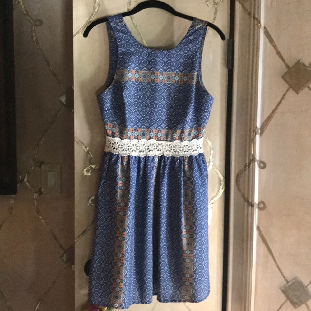 Orange and Blue Dress with Lace Waist